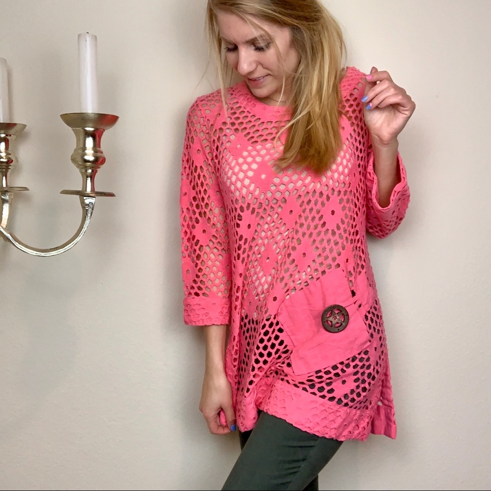 Net Pink Blouse with Large Button